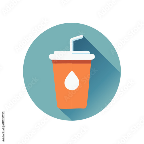 Flat design icon of an orange takeaway cup with a white lid and straw, featuring a water drop symbol on its side.