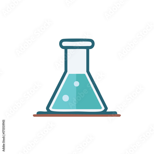 Illustrated conical laboratory flask with bubbling blue liquid science experiment icon
