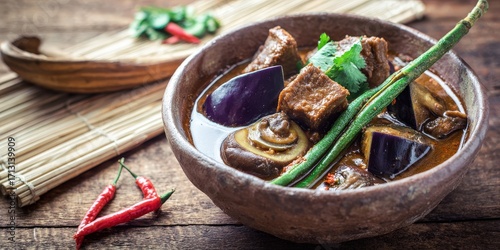 laotian or lam spicy stew with vegetables and meat in clay bowl
