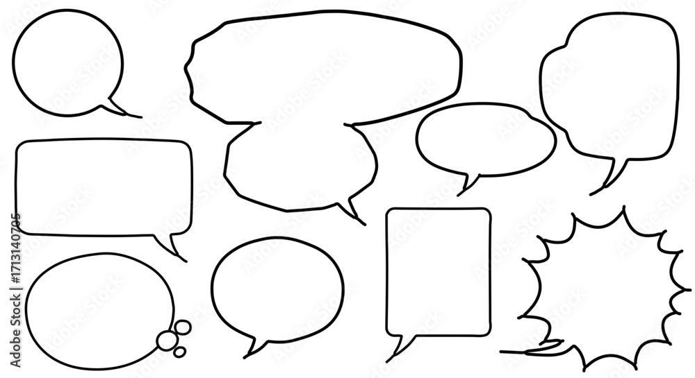 Fototapeta premium A collection of nine different speech bubbles in various shapes and sizes, outlined in black on a white background, for use in comics or design.