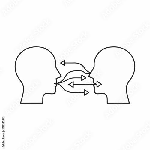Simple interpersonal communication diagram shows two head outlines facing each other with communication arrows. Clear interpersonal communication requires active listening, mutual understanding,