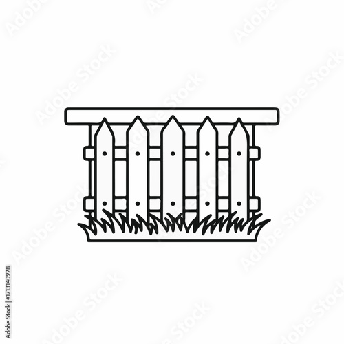 Simple fence illustration featuring white fence, gate, and grass in black outline. Simple fence offers rustic charm to any digital space, creating a homey and comforting feel.