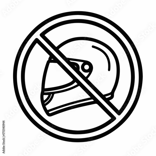 Symbolic no helmet sign on white background, featuring crossed out motorcycle helmet. No helmet regulations are intended to increase safety, reducing head injuries during vehicle accidents.