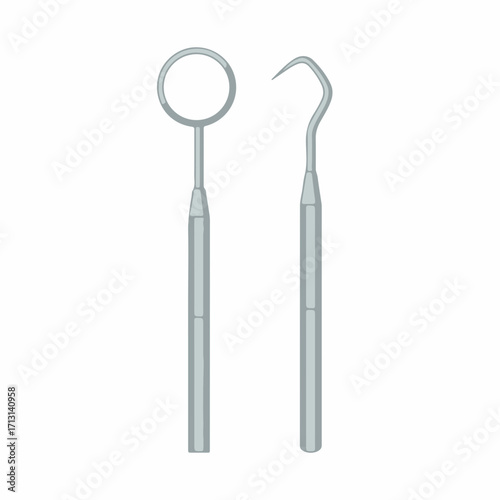 Dental instruments featuring dental mirror and dental probe for teeth examination and oral hygiene. Dental instruments assist in teeth checkup and care. Concept dental instruments for dental practice.