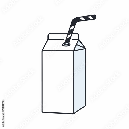 Minimalist milk carton illustration with straw, isolated on white background for drink ads. Milk carton is presented in a clean, uncluttered style, ideal for simple branding and package designs.