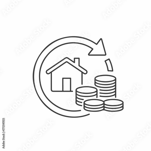 Home equity line portrays house and money return icon on white background, showing asset value. Home equity line on property ownership ensures financial security, demonstrating money circle movement.