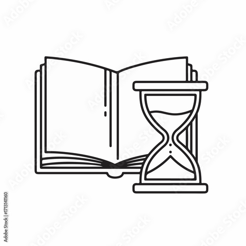 Hourglass and book represent time management for reading, with an open book and sand timer illustrating study duration. Time management concepts using educational book to visualize the time.