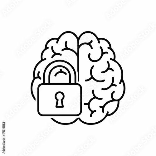 Intellectual property protection with linear brain and padlock representing data security. Intellectual property protection idea visualized with brain drawing, closed lock for safety,
