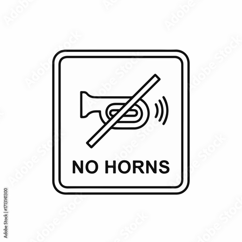 No horns sign indicating area where honking is prohibited, design presents symbol of restriction. No horns information is essential for maintaining quiet environment,