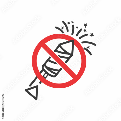 Symbol for no fireworks shows no fireworks symbol in red circle, warning of danger. Sign shows no fireworks usage, firework ban protects from injury, explosions.