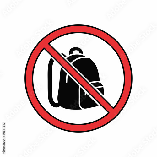 No bags allowed sign with red circle and black silhouette. No bags allowed sticker for restricted area, symbolising security and prohibition. Useful No bags allowed signage for public places, offices,