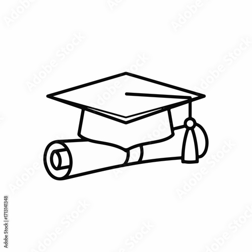 Graduation cap with diploma represents academic achievement, simple black outline, graduation cap and diploma are symbols of education. Consider graduation cap with diploma for educational projects.