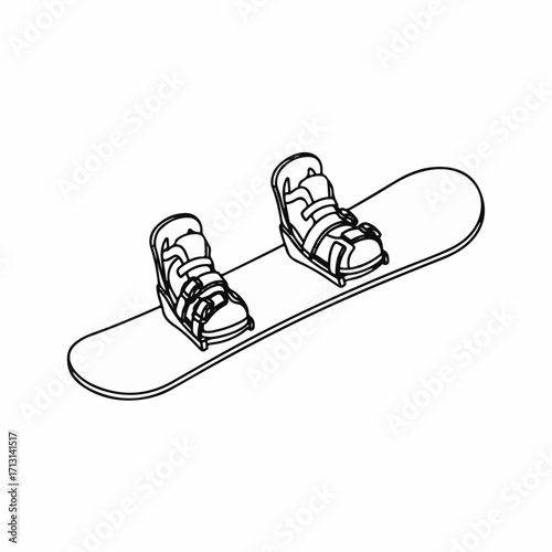 Snowboard equipment isolated, showcasing snowboarding gear and bindings on white surface. Snowboarding element highlights boots attached to board, ready for snow activities.