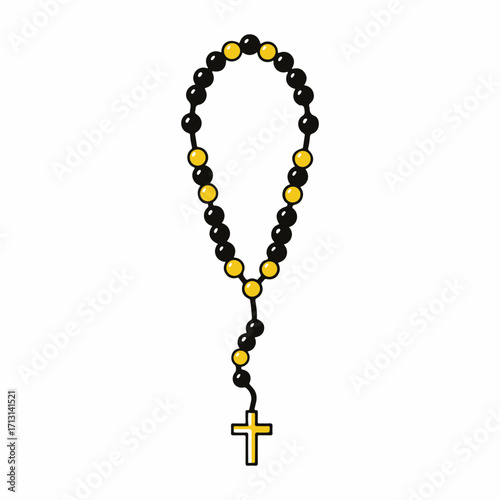Rosary beads with golden cross, rosary beads strung with black and gold. Rosary beads symbolize prayer, faith, and devotion in religious contexts, enhancing meaning as symbols.