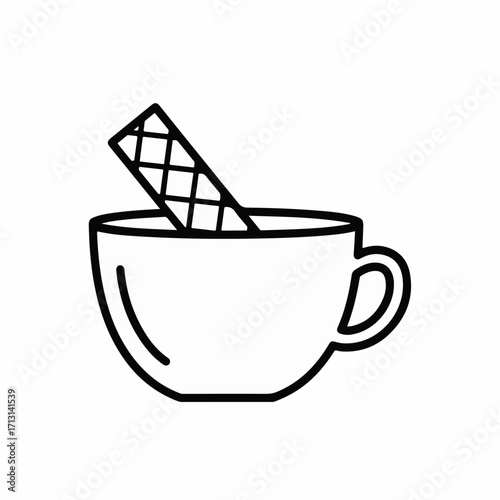 Simple outline drawing of cup of coffee with wafer stick, clean graphic of cup of coffee, inviting a relaxing break. Minimalistic cup of coffee graphic design,