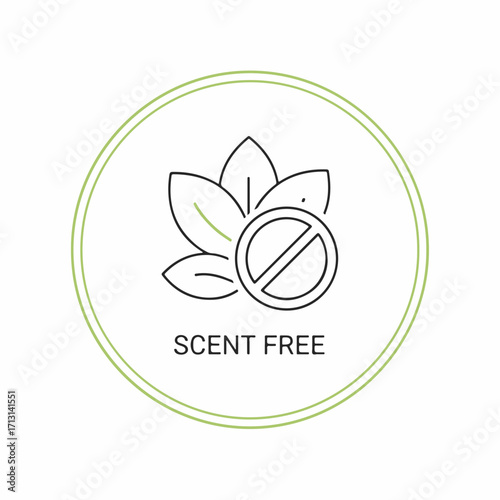Scent free symbol with leaf and crossed circle in line style, emblem showing absence of artificial fragrances. Scent free design element on white backdrop implies purity and nature.