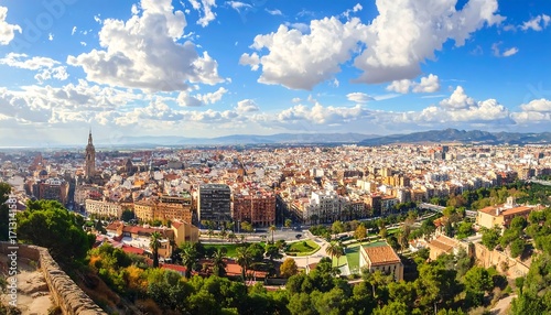 Panoramic cityscape view of a vibrant European city, showcasing diverse architecture, lush greenery, and a clear blue sky with scattered clouds.