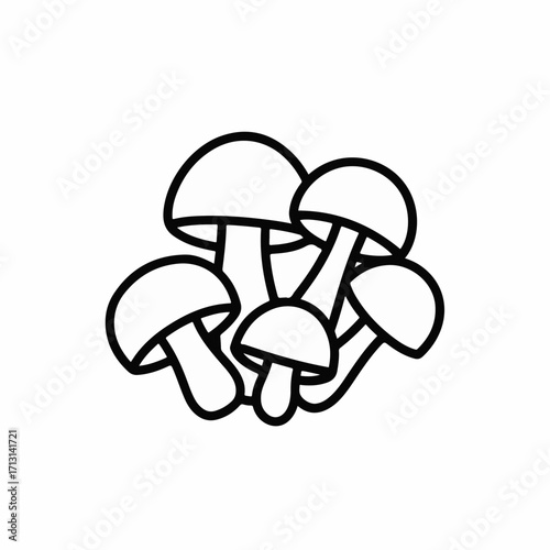 Mushrooms drawing shows simplistic mushrooms in black and white, ideal for illustrations. Line art mushrooms feature simple lines showing stems and caps.