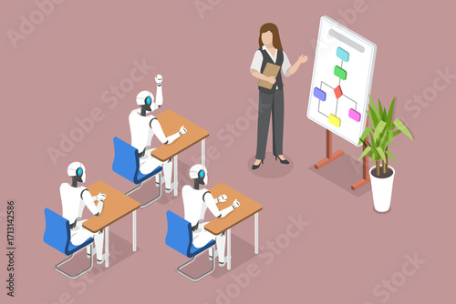 3D Isometric Flat Vector Illustration of Interactive Neural Network, Machine Learning Algorithms