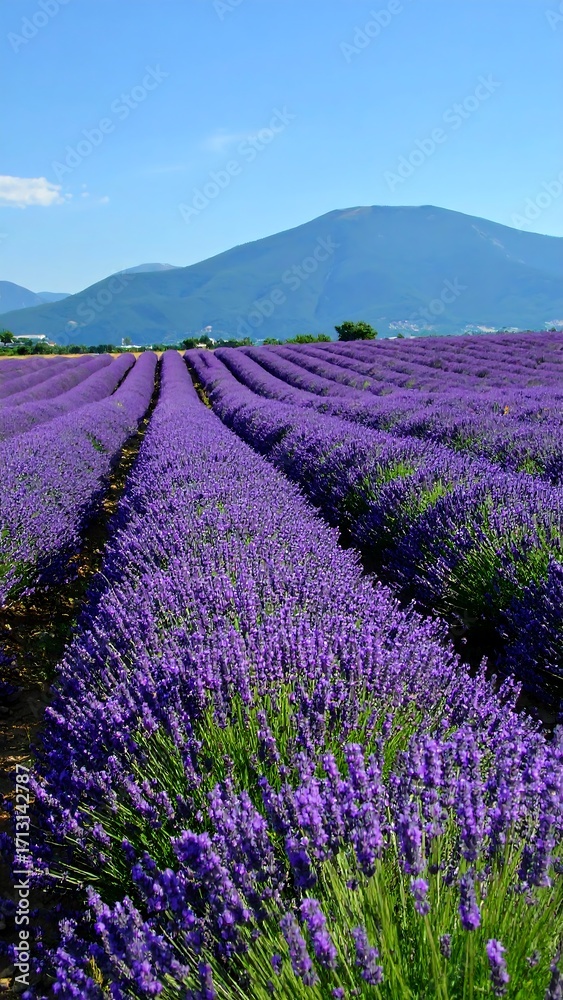 Fototapeta premium Lavender field stretches to a mountain range