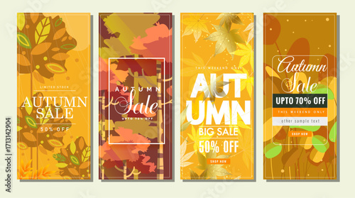 Autumn sales banners with vertical design and colorful leaves decor