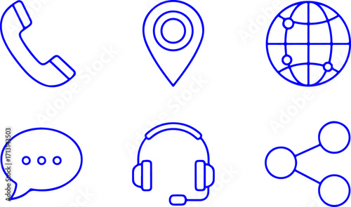 Blue outline icons for communication and connection including phone chat globe headphones and share telephone
