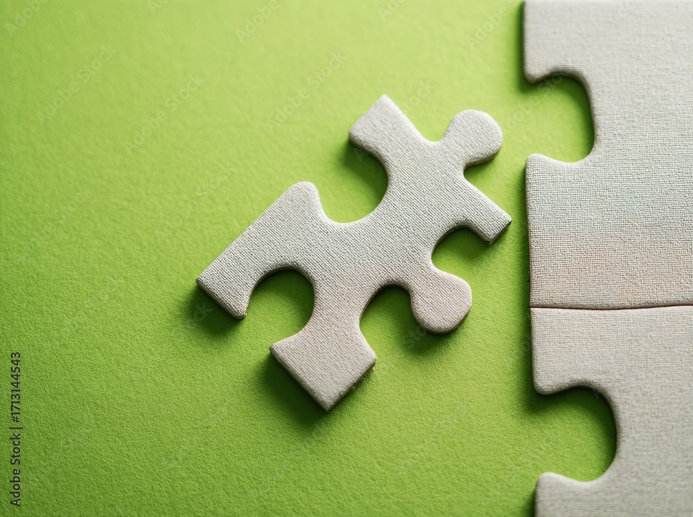 Fototapeta premium Off-white puzzle piece on green background