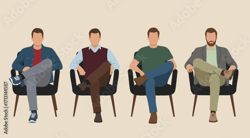 Set of Faceless Male Characters in Casual and Smart Attire Seated in Chairs