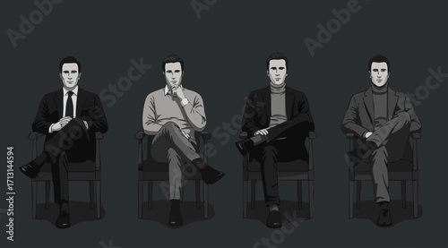 Monochromatic Illustration of a Stylish Man in Four Seated Poses