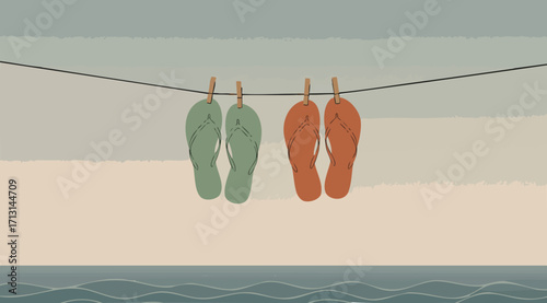 Peaceful Seaside Illustration with Flip-Flops on a Clothesline