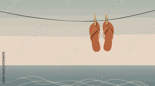 Serene Beach Scene with Flip-Flops Hanging on a Clothesline