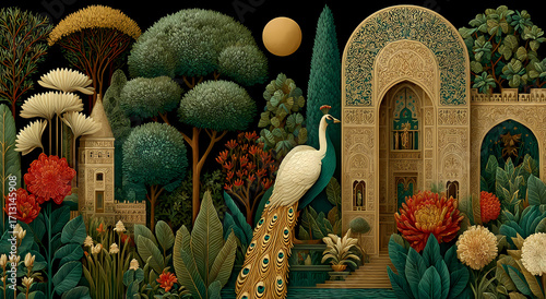 A majestic peacock stands amidst lush foliage and ornate architecture under a night sky