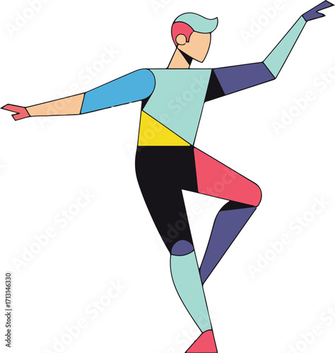 A stylized illustration of a dancer depicted in geometric shapes and a pixel art style. 
