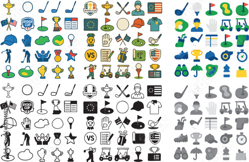 Collection of Golf Themed Icons and Graphics for Sports and Leisure Activities.