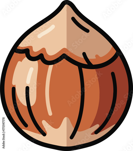 A charming pixel art illustration showcases a single hazelnut. The nut is depicted in warm brown tones, with its shell subtly cracked open to reveal a hint of the kernel inside. 