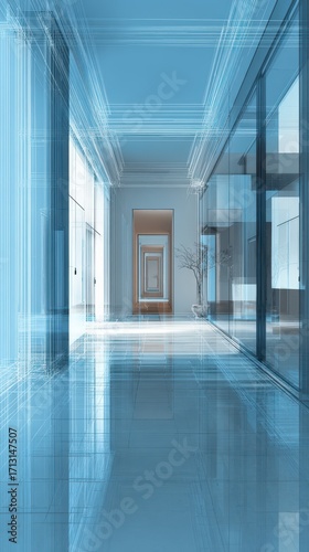 Vast Blue-Tinted Modern Hallway, Reflective Floor, Glass Walls, Leading Lines, Futuristic Architecture.