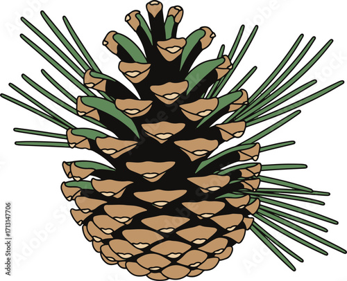  A detailed pixel art rendering of a pine cone, showcasing its intricate scales and surrounding pine needles.