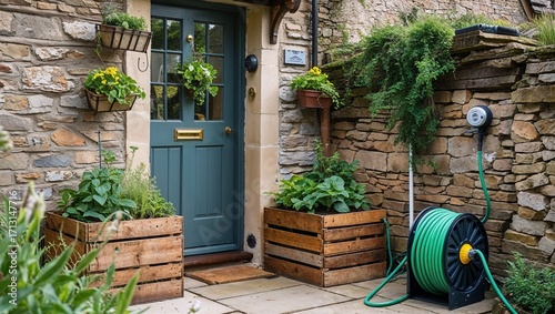 Fototapeta Naklejka Na Ścianę i Meble -  Backdoor garden with wooden crate planters and hose reel near village cottage wall