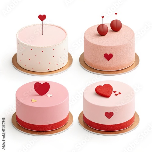Four valentines day cakes with heart decorations isolated on white background