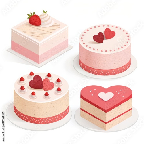 Four valentines day cakes with heart and strawberry isolated on white background