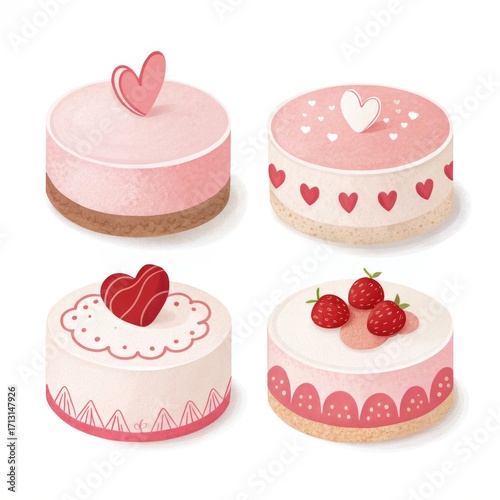Four valentines day cakes with heart and strawberry isolated on white background