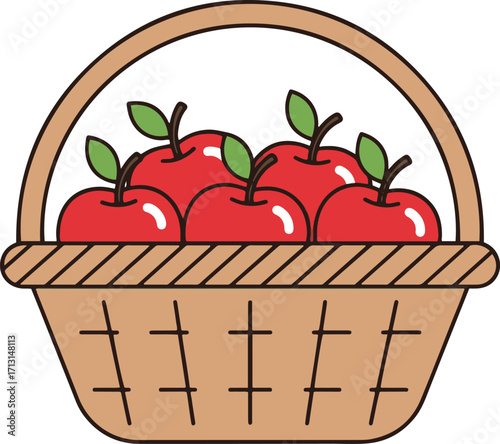 A detailed illustration showcases a rustic wicker basket brimming with ripe, red apples. Each apple is meticulously rendered with highlights and shadows, enhancing its juicy appearance.