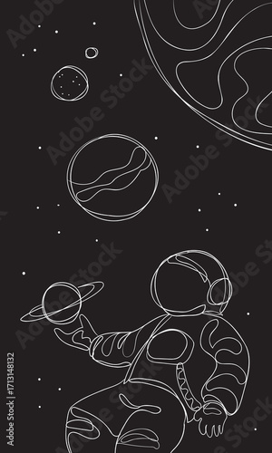 black and white linear universe and astronaut