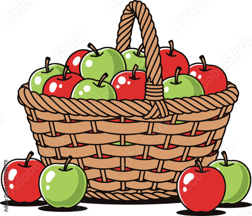 A charming illustration depicts a wicker basket brimming with ripe red and green apples. Several apples spill out onto a white background, creating a vibrant autumnal scene.