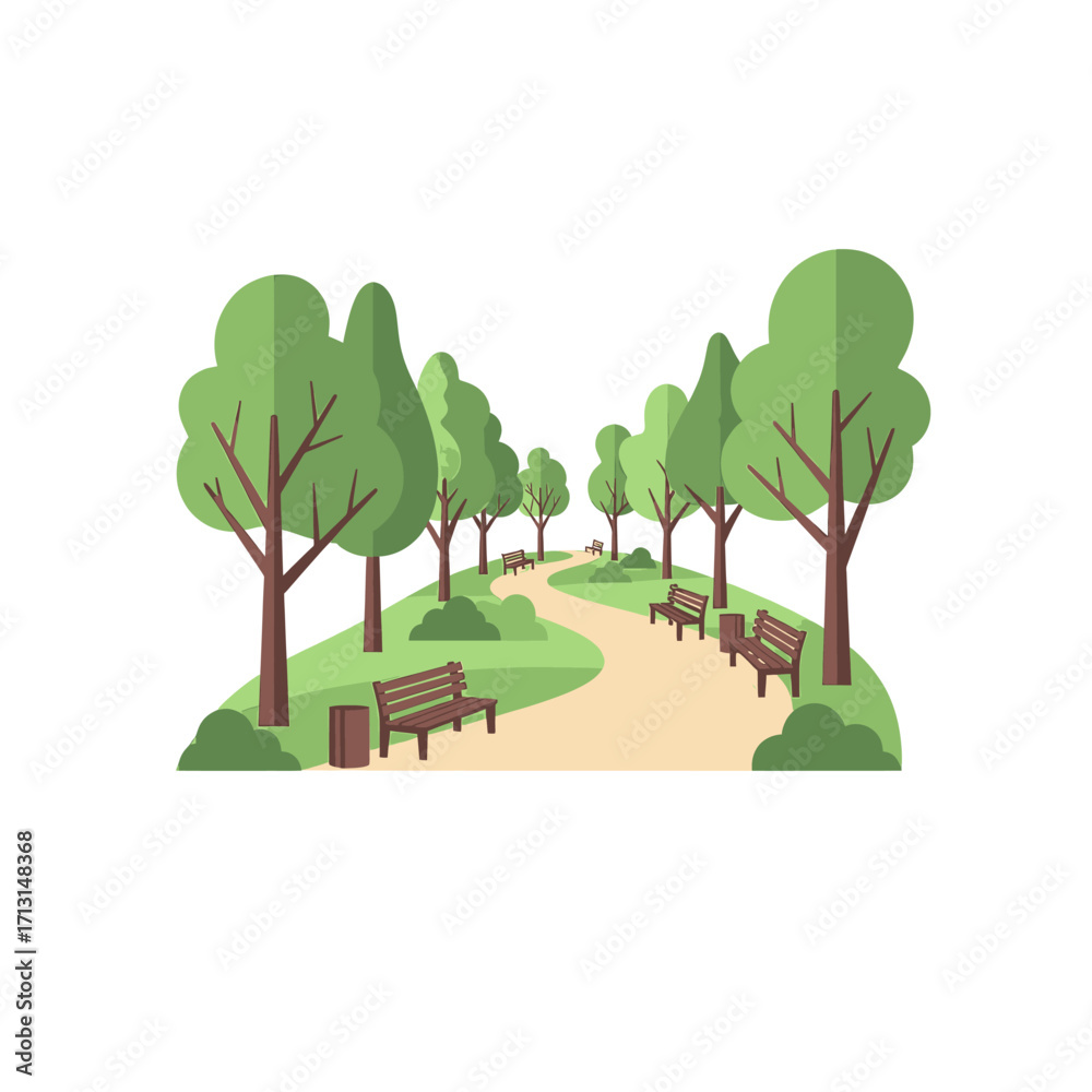 Obraz premium Park Pathway with Trees and Benches.