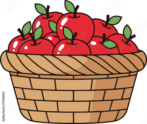 A digital illustration depicts a wicker basket brimming with red apples. 