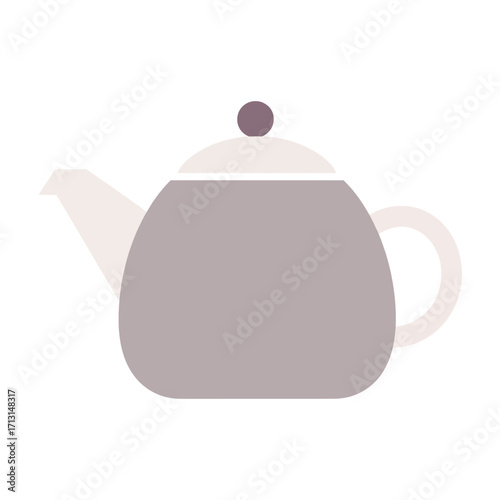 Stylized illustration of a grey teapot with a light grey spout and handle, featuring a small dark purple knob on its lid, set against a white background.