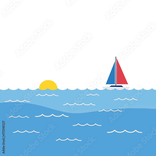 Illustration of a sailboat on the ocean at sunset.