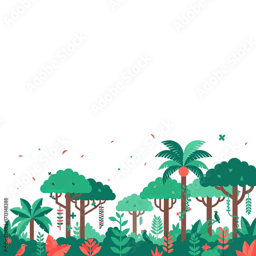 A vibrant illustration of a lush jungle scene with various tropical trees, dense foliage, and small birds.