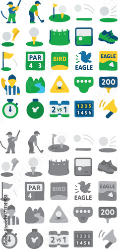 Golf Icons Set Featuring Players Equipment and Scorecards.
